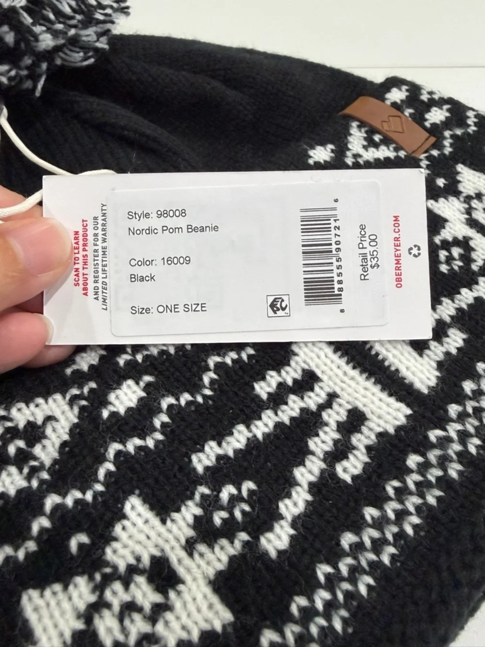 Obermeyer Nordic Pom Beanie Black Adult Women's Men's NWT White Pattern